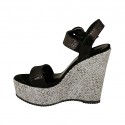 Woman's strap sandal with platform in black laminated printed suede and grey fabric wedge heel 12 - Available sizes:  43