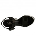 Woman's strap sandal with platform in black laminated printed suede and grey fabric wedge heel 12 - Available sizes:  43