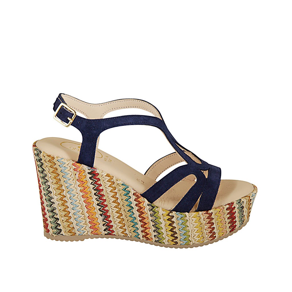 Woman's sandal with platform in blue suede and multicolored fabric ...