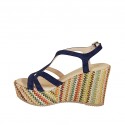 Woman's sandal with platform in blue suede and multicolored fabric wedge heel 9 - Available sizes:  42, 43, 44