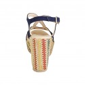 Woman's sandal with platform in blue suede and multicolored fabric wedge heel 9 - Available sizes:  43, 44