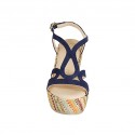 Woman's sandal with platform in blue suede and multicolored fabric wedge heel 9 - Available sizes:  42, 43, 44