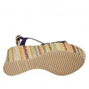 Woman's sandal with platform in blue suede and multicolored fabric wedge heel 9 - Available sizes:  42, 43, 44