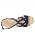 Woman's sandal with platform in blue suede and multicolored fabric wedge heel 9 - Available sizes:  42, 43, 44