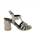Woman's strap sandal in black and white printed leather heel 7 - Available sizes:  43