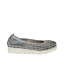 Woman's ballerina shoe in pierced blue grey leather wedge heel 2 - Available sizes:  32, 33