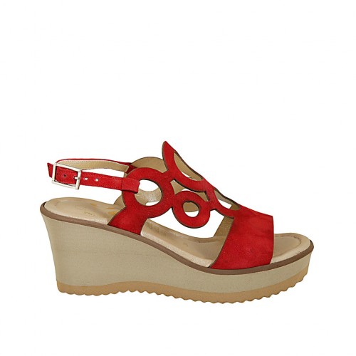Woman's sandal in red suede with platform and wedge heel 7 - Available sizes:  42