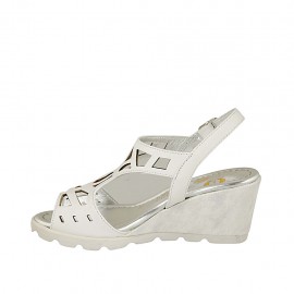 Woman's sandal in white pierced leather and white and silver fabric with wedge heel 6 - Available sizes:  42 2