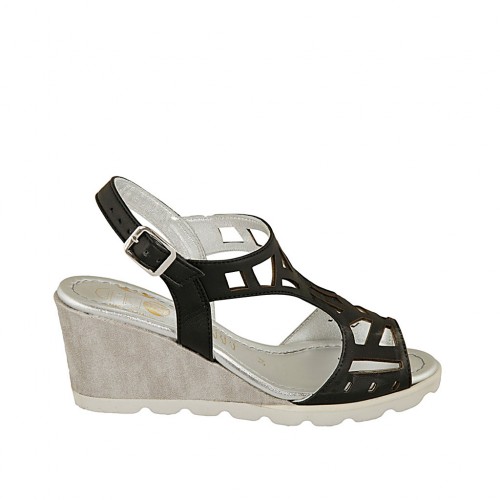 Woman's sandal in black pierced leather and grey and silver fabric wedge heel 6 - Available sizes:  42