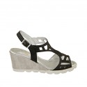 Woman's sandal in black pierced leather and grey and silver fabric wedge heel 6 - Available sizes:  42