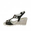 Woman's sandal in black pierced leather and grey and silver fabric wedge heel 6 - Available sizes:  42