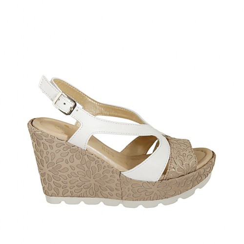Woman's sandal in white leather and beige and silver printed suede with platform and wedge 9 - Available sizes:  42, 45