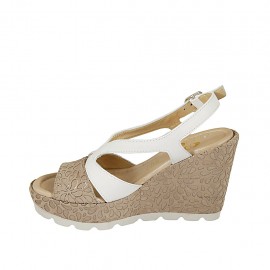 Woman's sandal in white leather and beige and silver printed suede with platform and wedge 9 - Available sizes:  42 2