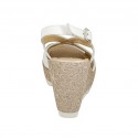 Woman's sandal in white leather and beige and silver printed suede with platform and wedge 9 - Available sizes:  42, 45