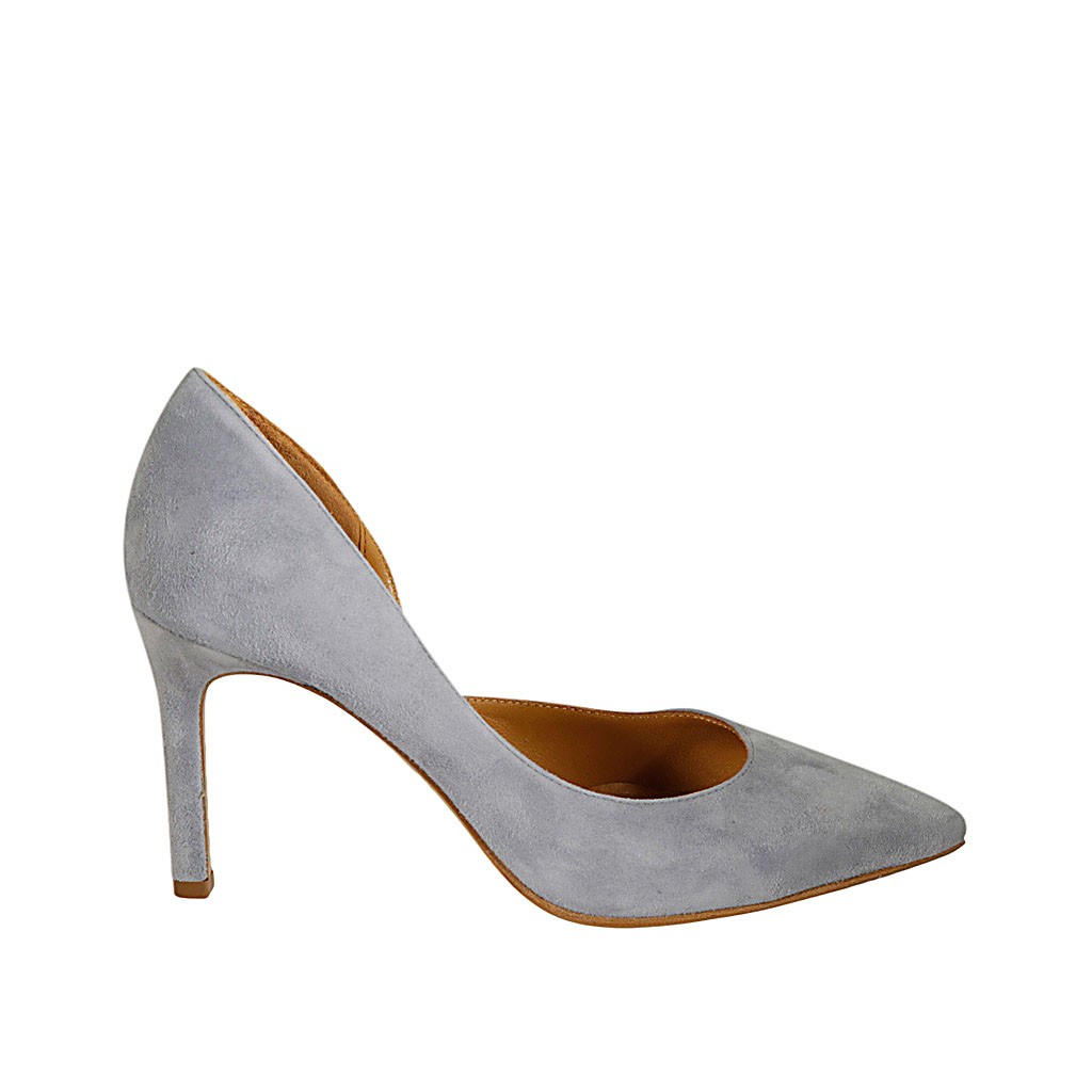 grey suede open toe heels