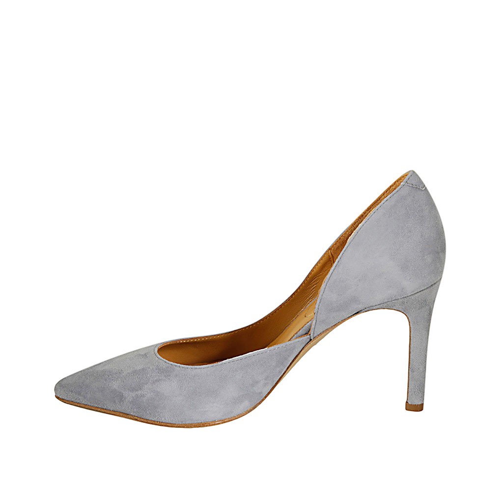grey suede open toe heels