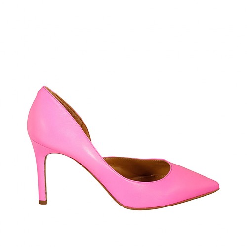 Woman's pump with sidecut in fluorescent fuchsia leather heel 8 - Available sizes:  42