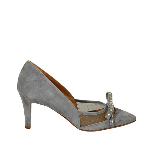 Zapato de salon puntiagudo para mujer con moño y tachuelas en tela de lunares transparente y gamuza azul grisaceo tacon 7 - Tallas disponibles:  42