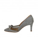 Woman's pointy pump shoe with bow and studs in transparent polka dot fabric and blue grey suede heel 7 - Available sizes:  42