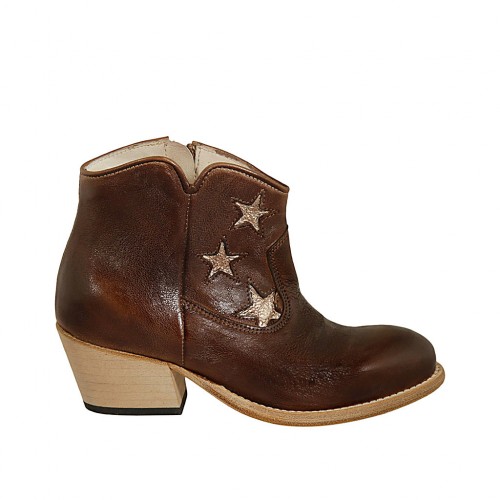 Stivaletto texano da donna con cerniera e stelle color platino in pelle marrone tacco 5 - Misure disponibili: 32, 33, 34, 42, 43, 44, 45