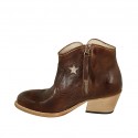 Woman's Texan ankle boot with zipper and platinum stars in brown leather heel 5 - Available sizes:  33