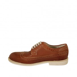 Scarpa derby stringata da uomo con lavorazione Brogue in pelle color cuoio - Misure disponibili: 37, 38, 46, 47, 48, 49, 50 2
