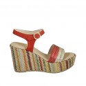 Woman's sandal in red suede, red and platinum laminated leather and multicolored fabric with strap, platform and wedge heel 9 - Available sizes:  42, 43, 44