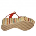 Sandalia para mujer en gamuza roja, piel laminada roja y platino y tejido multicolor con cinturon, plataforma y cuña 9 - Tallas disponibles:  43