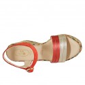 Woman's sandal in red suede, red and platinum laminated leather and multicolored fabric with strap, platform and wedge heel 9 - Available sizes:  42, 43, 44