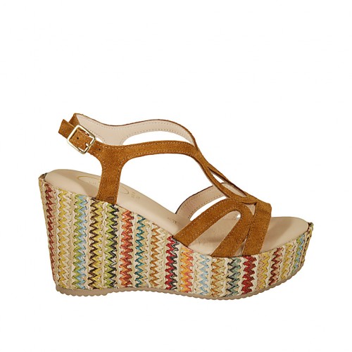 Woman's sandal with platform in tan suede and multicolored wedge heel 9 - Available sizes:  42