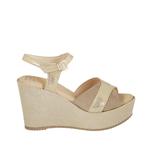 Woman's strap sandal in taupe and platinum laminated printed suede with platform and wedge heel 9 - Available sizes:  43