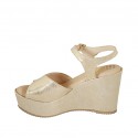Woman's strap sandal in taupe and platinum laminated printed suede with platform and wedge heel 9 - Available sizes:  43