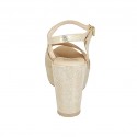 Woman's strap sandal in taupe and platinum laminated printed suede with platform and wedge heel 9 - Available sizes:  43