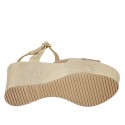 Woman's strap sandal in taupe and platinum laminated printed suede with platform and wedge heel 9 - Available sizes:  43