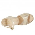 Woman's strap sandal in taupe and platinum laminated printed suede with platform and wedge heel 9 - Available sizes:  43