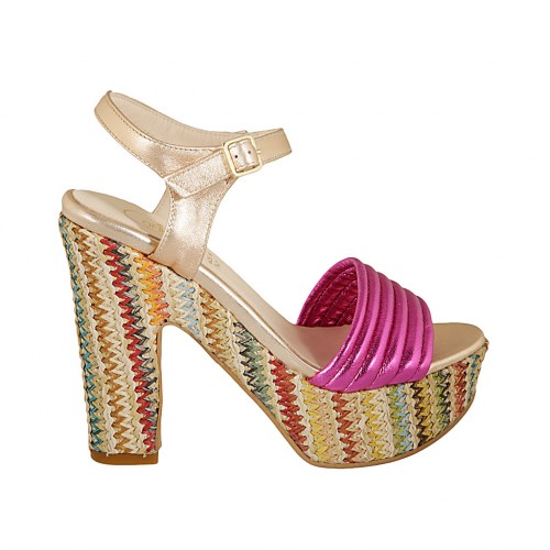 Woman's strap sandal with platform in laminated copper and fuchsia leather and multicolored fabric heel 12 - Available sizes:  42