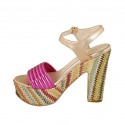 Woman's strap sandal with platform in laminated copper and fuchsia leather and multicolored fabric heel 12 - Available sizes:  42