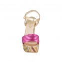 Woman's strap sandal with platform in laminated copper and fuchsia leather and multicolored fabric heel 12 - Available sizes:  42