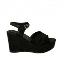 Woman's strap sandal in black laminated and printed suede with platform and wedge heel 9 - Available sizes:  42