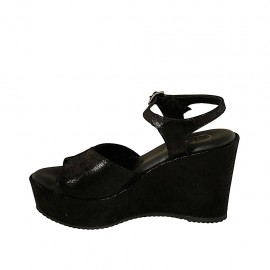 Woman's strap sandal in black laminated and printed suede with platform and wedge heel 9 - Available sizes:  42 2