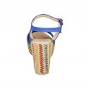 Woman's sandal in cornflower blue suede and laminated leather and multicolored fabric with strap, platform and wedge heel 9 - Available sizes:  42, 44