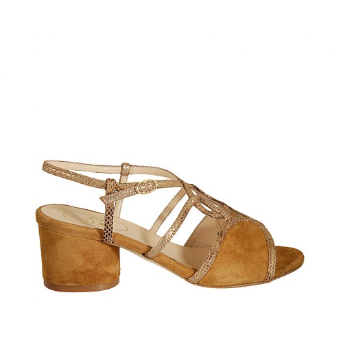 Sandale pour femmes en cuir imprimé et daim cognac talon 5 - Pointures disponibles:  42