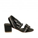 Woman's sandal in black suede and leather and lead grey laminated leather with buckles heel 5 - Available sizes:  32