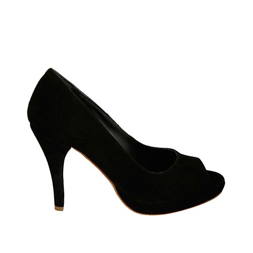 Zapato de salon abierto en punta con plataforma para mujer en gamuza de  color negro y con tacon 9