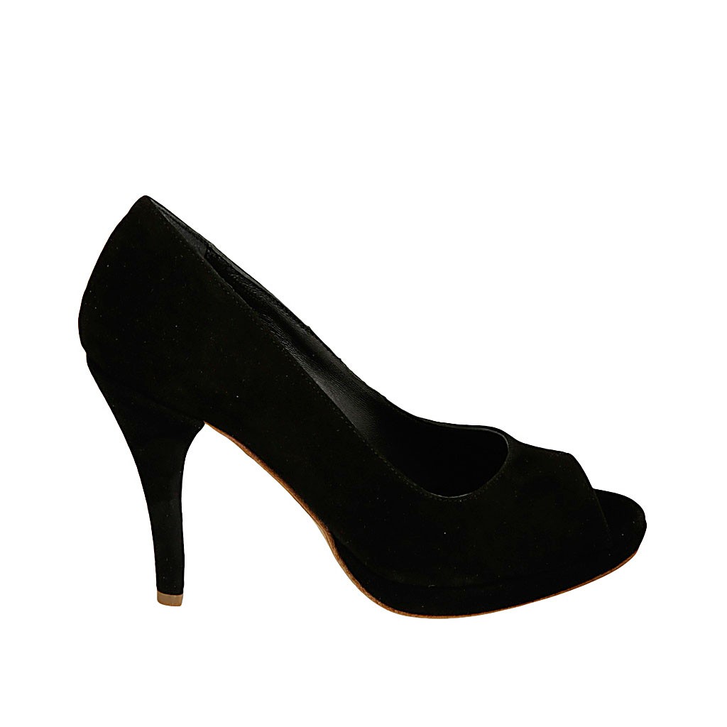 Woman s open toe pump with platform in black suede with heel 9