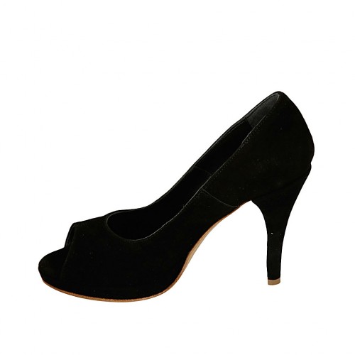 Zapato de salon abierto en punta con plataforma para mujer en gamuza de  color negro y con tacon 9