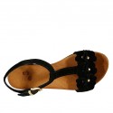 Sandalia con cinturon y flores para mujer en gamuza negra tacon 1 - Tallas disponibles:  33