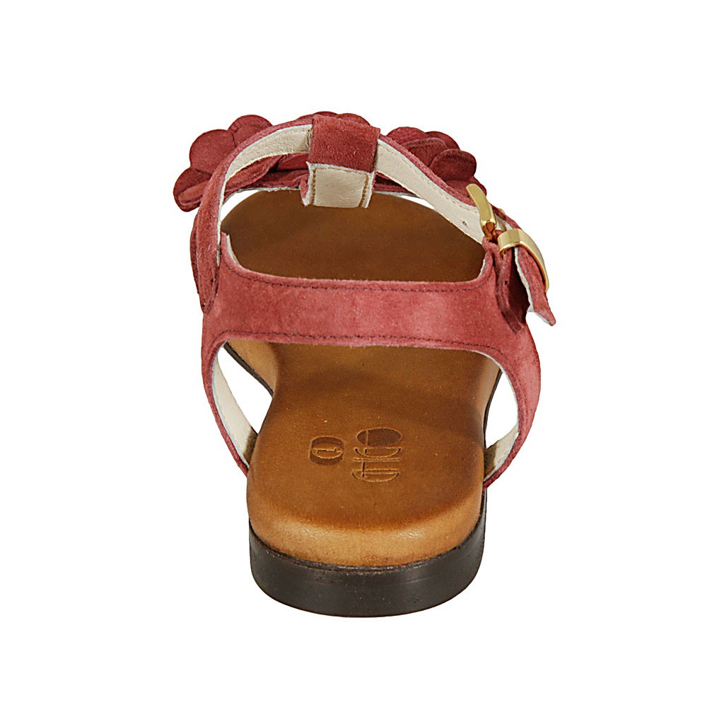 Woman's strap sandal with flowers in plum-colored suede heel 1