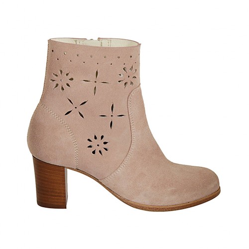 Woman's ankle boot with zipper in rose suede and pierced suede heel 6 - Available sizes:  33, 34