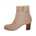 Woman's ankle boot with zipper in rose suede and pierced suede heel 6 - Available sizes:  33, 34